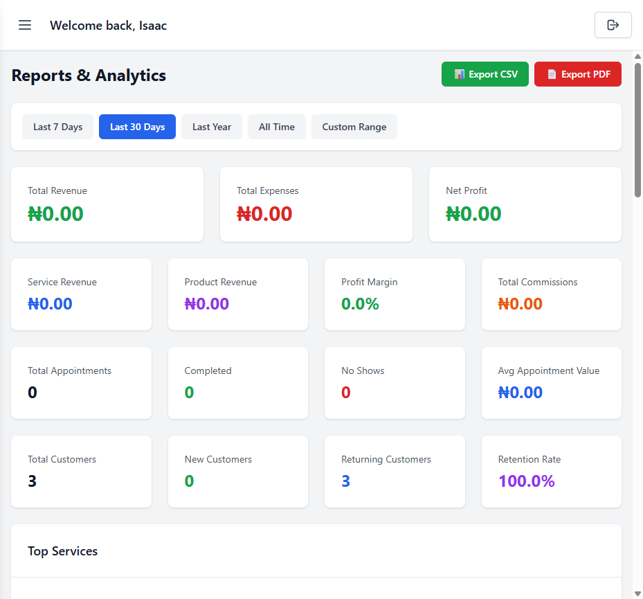 Business Analytics & Reports Dashboard - SalonBook360